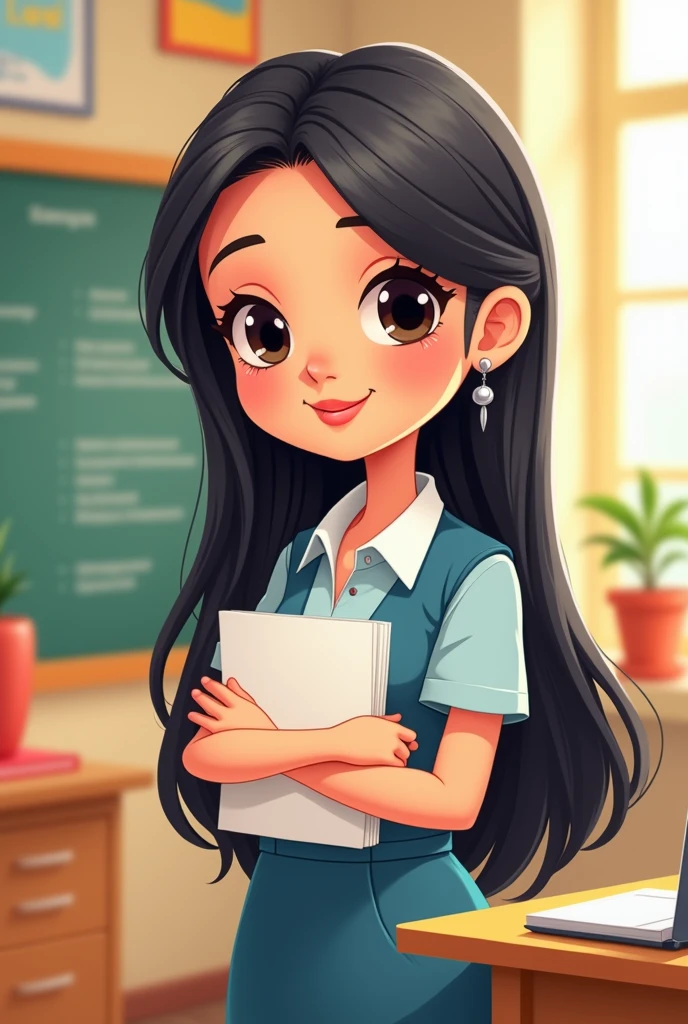 Make a cartoon of a woman with long straight hair, round face, big black eyes, light skin to be a teacher.