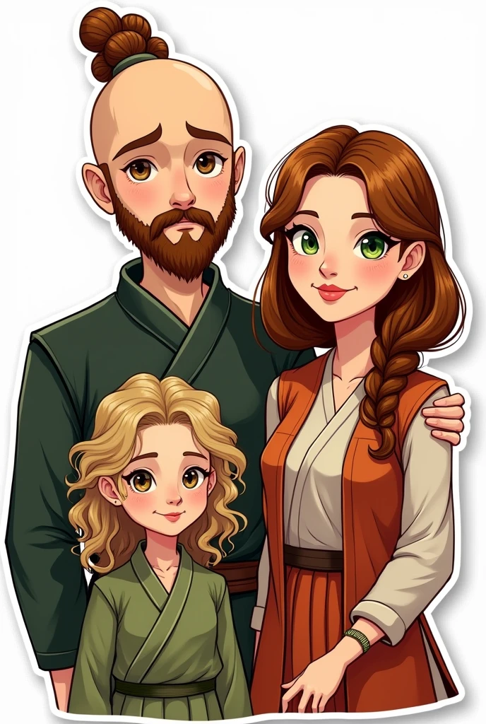 A family, A white man, Cao Cao, almost bald, brown beard, greeneyes, next to a white woman de greeneyes com o cabelo castanho-acobreado, straight and without bangs parted in the middle, next to a white woman, greeneyes, curly and blonde hair, illustration style, sticker