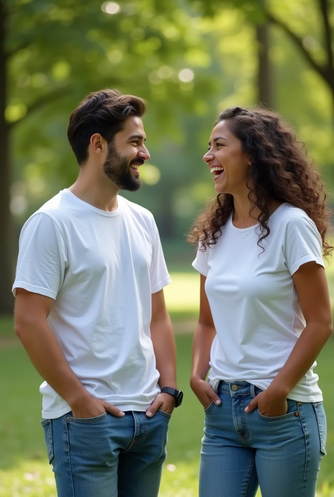 Two teenagers laughing in a park chatting, wearing jeans that perfectly match with a white t-shirt. Hyperrealistic image with a lens aperture of 1.4 at a focal length of 35 mm