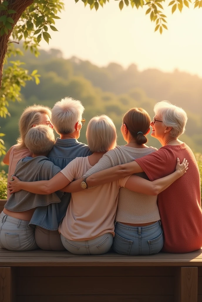 eight middle-aged lady friends, Juntas, hugging each other, happy, eight friends looking at the horizon sitting on a bench, no white hair