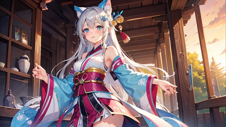 masterpiece, best quality, 1girl, yellow eyes, medium hair, stairs, cherry blossoms, temple, fox girl, detached sleeves, animal ears, happy, arms behind back,