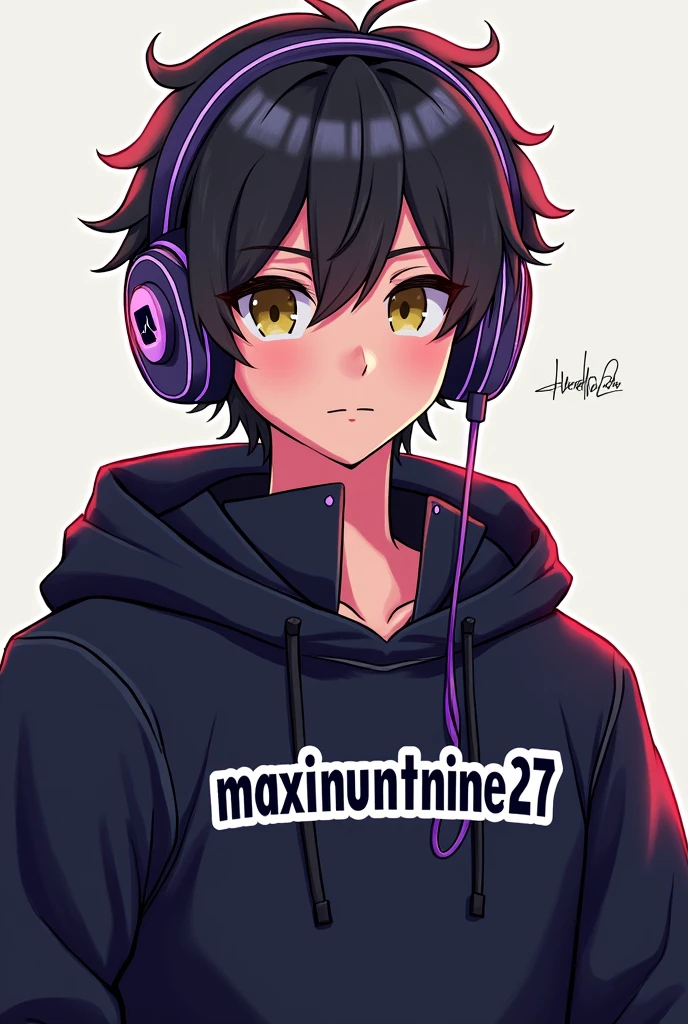 I want a guy with a black jacket and headphones who is all gamer with brown or dark hair in the middle of the jacket it should say maximuntnine27 with the twitch logo 