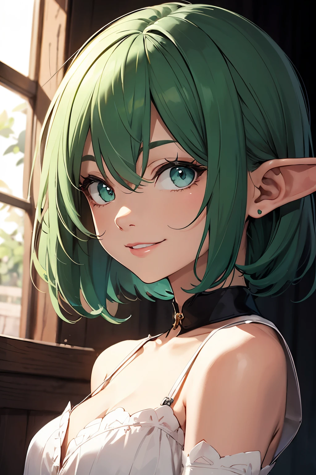 (masterpiece), best quality, BREAK, expressive eyes, (perfect face), 1woman, BREAK, (medium hair, green hair), BREAK, (green eyes, detailed eyes), BREAK, ( elf ears), BREAK, (happy smile) BREAK, (medium heigh), BREAK, (white dress)