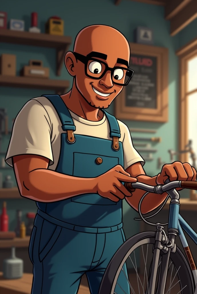 Animated image of a dark-skinned man, low, latino, calvo, with glasses, in a bicycle workshop, repairing a bicycle