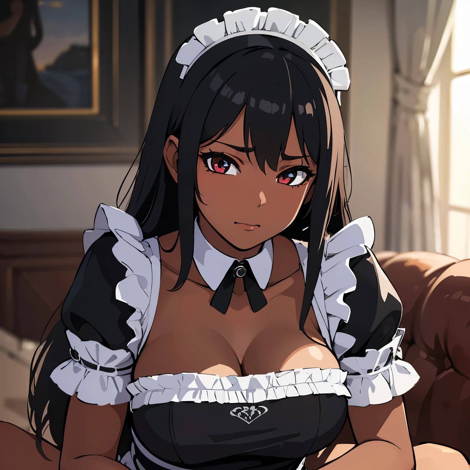 top quality, masterpiece, ultra high definition, (photorealistic: 1.4), raw photo, 1 girl, black fur, shiny and tanned skin , Maid outfit is in the living room of a room