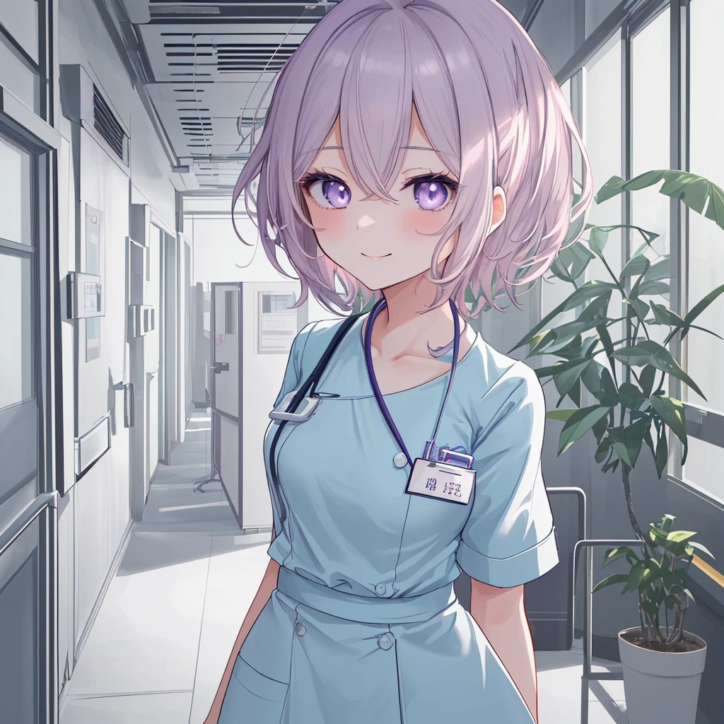 chibi,1girl, nurse aide uniform, smiling,(best quality,4k,8k,highres,masterpiece:1.2),ultra-detailed,anime style illustration,Display to the top of the head.one girl.solo. It should be a bust-up (from chest up) with high resolution and detailed depiction. Please create an anime-style illustration of a young nurse aide. She has soft, wavy short hair in a silver color with a subtle pink-purple tint. Her eyes are large, expressive, and blue, with a gentle yet serious expression. She is wearing light blue or white scrubs with a name tag. She is standing in a brightly lit hospital corridor, with plants and medical equipment in the background. The lighting is soft, casting gentle shadows to enhance the atmosphere. She is smiling.