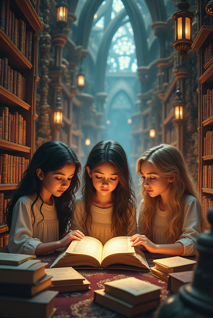 Three girls in a magical library reading books that take them on a journey through history.