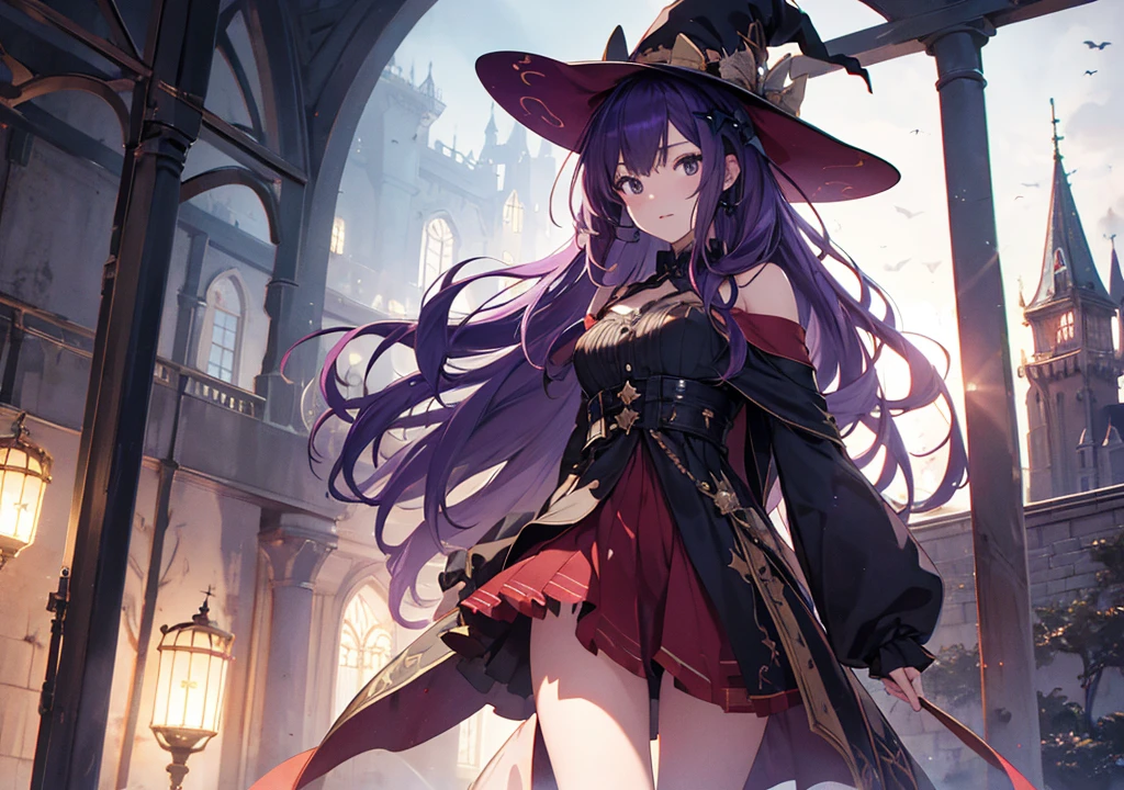 1girl, solo, 1girl, Mona \(Genshin Impact\), maid, choker, hair between eyes, star \(symbol\), hat, long hair, skirt, dark purple hair, looking at the viewer, twintails, blue eyes, shining eyes, earrings, jewelry, purple skirt, black stockings, white shirt, witch, bangs, black shoes, landscape, night sky, star \(sky\), starry sky, night, outdoor, clouds, reflection, water, magic, tarot