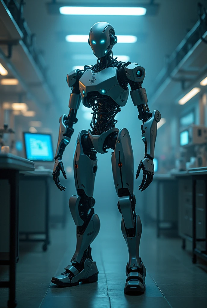 In a dimly lit, indoor laboratory, a solo robot, with glowing blue circuits and metallic limbs, stands imposingly amidst a blur of scientific equipment. Shadowy silhouettes of machinery and consoles surround it, as bright lights cast an otherworldly glow. The mecha's non-humanoid design exudes industrial strength, its presence commanding attention in this futuristic setting.