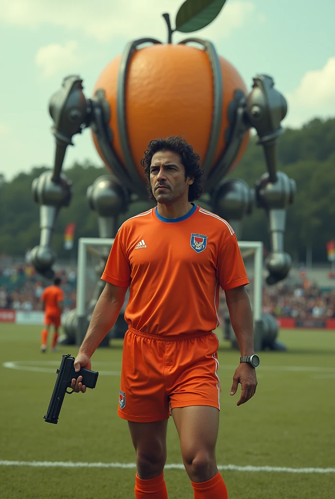 Pablo Escobar in a Netherlands jersey holding a gun on a football pitch in front of a giant mechanical tangerine behind the goal