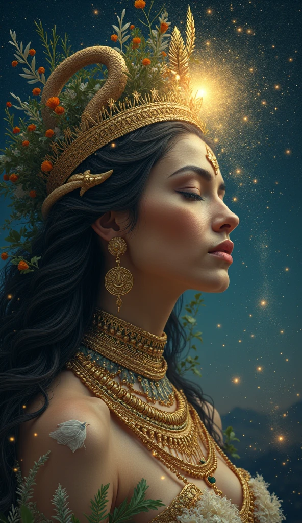 Create a mystical portrait of the goddess Isis, drawing inspiration from ancient Egyptian mythology. Portray her as the divine mother of the cosmos, exuding an aura of love and creation. She should be depicted surrounded by cosmic elements—roots, buds, leaves, flowers, and seeds—symbolizing all that exists. Her appearance is regal, with an ethereal crown signifying her status as the Queen of Space and Night. Her eyes are closed, serene and loving, as if in a deep trance. Capture the moment where the viewer is kissing her eyes, drinking the dew from her lips, and breathing in the sweet fragrance of her divine essence. The background should feature a vast, starry desert night sky, filled with radiant stars, representing the eternal essence of Nuit. A subtle, mysterious veil covers part of her face, alluding to the sacred mystery that no mortal has unveiled. A coiled serpent, symbolizing purity and power, should subtly encircle her, adding to the aura of divine mystique. The overall atmosphere of the portrait should be mystical, awe-inspiring, and deeply reverent.