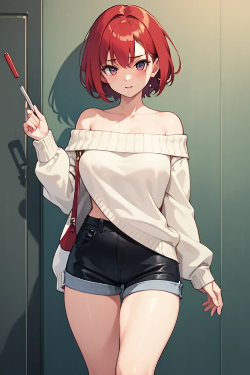((best quality)), ((masterpiece)), (detailed), 1girl, off-shoulder sweater, knitwear, tall body, short hair, tomboy, big thighs, short pants, slim body, yandere, posesif women, red hair