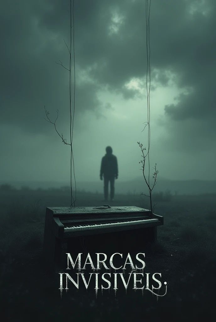 Design a haunting and emotional album cover for the song 'MARCAS INVISIVEIS,' focusing on the pain and invisible scars left by betrayal and emotional wounds. The scene should depict a dark, desolate landscape with a lone figure standing in the distance, shrouded in shadows. The figure’s form is blurred, almost fading into the background, symbolizing the feeling of being lost and broken. Above, a stormy sky looms, with heavy clouds swirling ominously, reflecting the turmoil within. Thin, almost invisible lines cut through the image, representing the 'invisible scars' that have marked the soul. A cracked and worn piano lies partially buried in the ground, its keys broken and scattered, symbolizing the shattered emotions and the struggle to find strength in the midst of despair. The title 'MARCAS INVISIVEIS' should be written in a distressed, jagged font, with letters appearing as if they are carved into the landscape, echoing the deep, enduring pain.