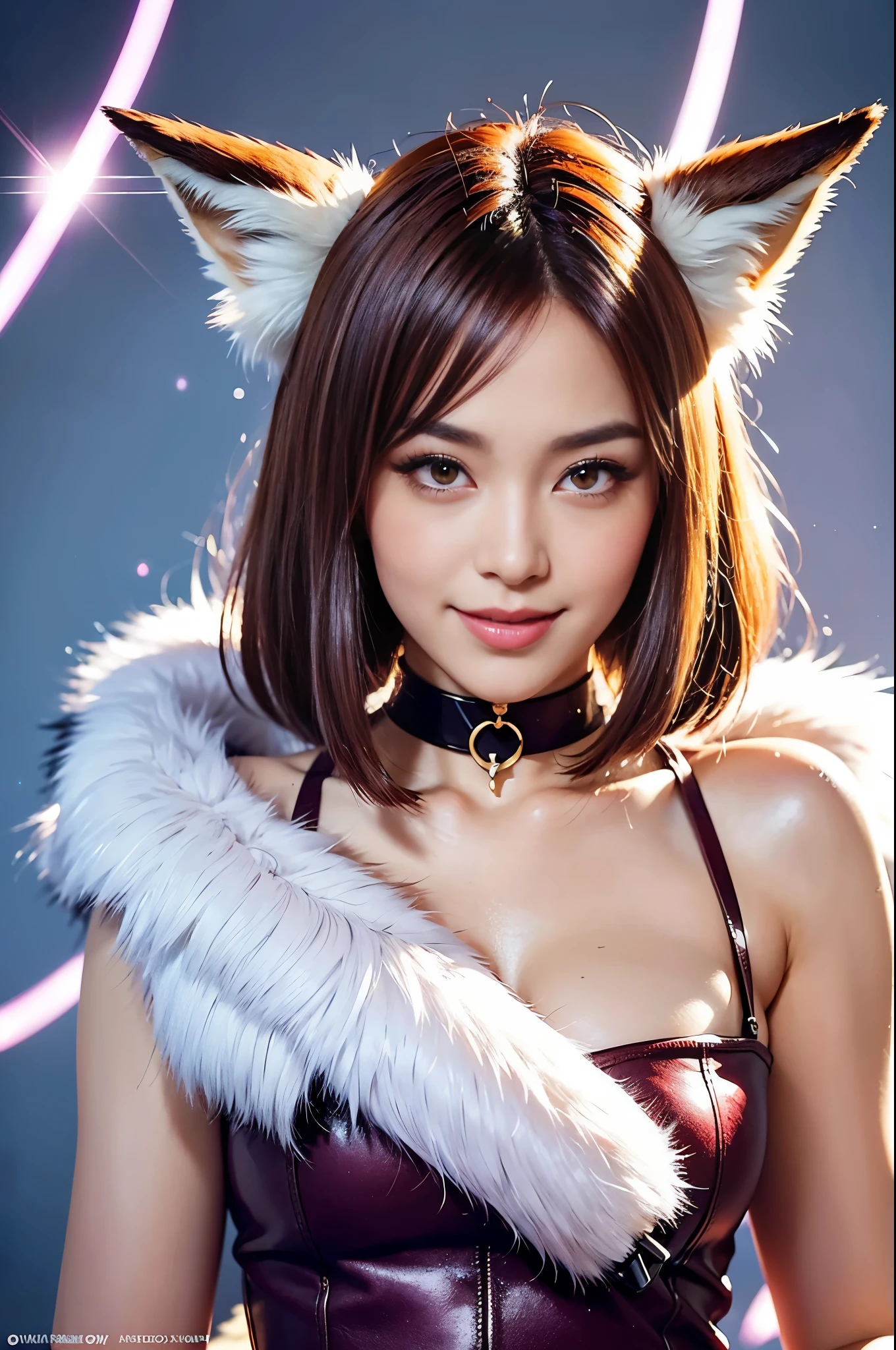 sexy swedish model, (-anime), only 1 model, very short hair, beautiful smile, lip-gloss, long lashes, defined eyebrows, long fur fox color scheme, ((long fur fox cosplay)), fox ears, fox tail, fox choker, look at the camera, cinematic light, (sparkling long fur background), sweet and sexy pose