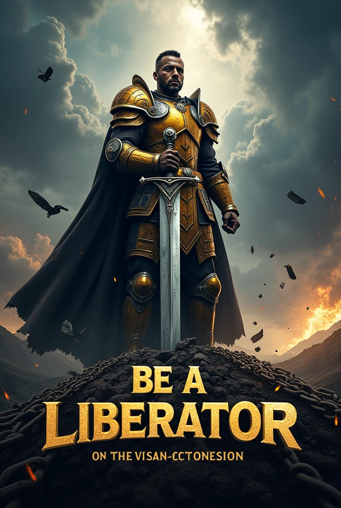 Description of the cover:
fund: The cover background should be a dramatic landscape with sky light, perhaps a stormy sky with heavy clouds and lightning flashing in the distance. This setting creates an epic, intense and brilliant tone..
soldier: In the center of the cover, there is an imposing soldier, dressed in a bright and detailed armor, that reminds me of "God's armor" described in Ephesians 6 Action: The soldier is in a dynamic pose, holding a large and powerful sword that is cutting heavy chains. The chains break in many directions, with fragments flying around, symbolizing liberation and the breaking of bonds.
expression: The soldier's expression is determined and courageous, conveying a sense of courage and determination. His gaze is firm, and your posture conveys strength and confidence.
Additional Detail: Add subtle elements of glow and light around the broken chains and sword to highlight the action and sense of power.. Small touches of light can also be added to the armor to give it a more heroic effect..
Title and author: The title "BE A LIBERATOR" must be in a grand and imposing font, possibly gold or silver, to contrast with the dark background. The author's name may be at the bottom of the cover, in a smaller but still readable font, perhaps in white or a color that complements the title.