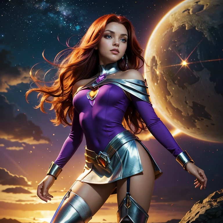 (masterpiece, best quality:1.5), highest quality, High resolution, super detailed, Realists, Full body photo of Starfire from Titans, detailed and beautiful green eyes, beautiful detailed lips, very detailed eyes and face, longeyelashes, additional eyebrows in the forehead area, Beautiful and colorful makeup, Heldenpose, dark red hair, slightly orange skin, bright daylight, bright colors, fine brushstrokes, Portrait style, beautiful color palette, glowing skin, First-class rendering, that captures every detail, enchanting atmosphere, (perfect anatomy:1.2), (The stunning Starfire wears a purple top with silver shoulder plate, lills miniskirt and thigh high purple boots.Teenans animated series 2003, panoramic view:1.2)