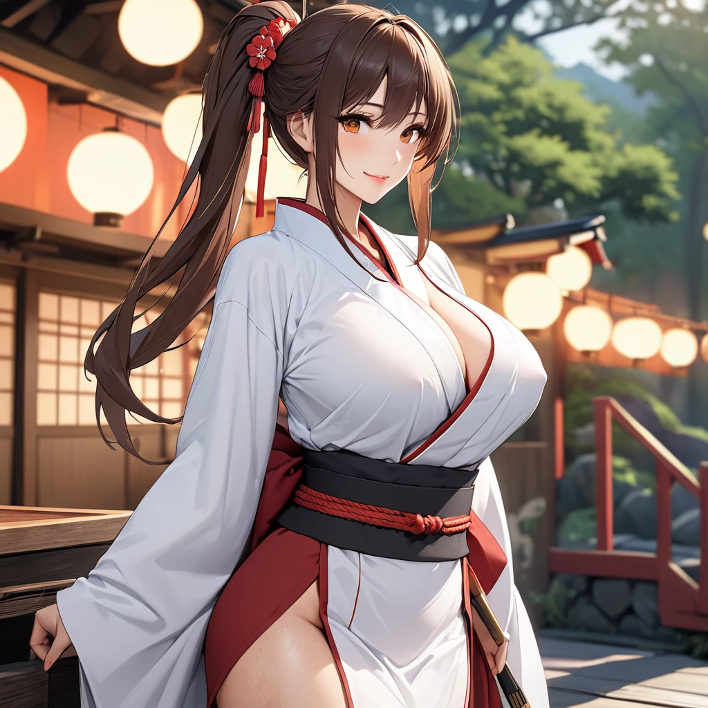 A woman wearing a long white kimono , long-sleeved kimono, red skirt, long brown socks, Japanese wooden shoes, large breasts, exposed breasts, brown hair, long hair, ponytail hair, orange eyes, smiling, perfect face, perfect eyes, perfect lips, standing, on a Japanese platform, trees in the background.(Azur_lane, IJN_Zuikaku). .UHD, masterpiece, accurate, anatomically correct, textured skin, super detail, high quality, best quality, 8k, high resolution, bokeh effect.(solo woman)