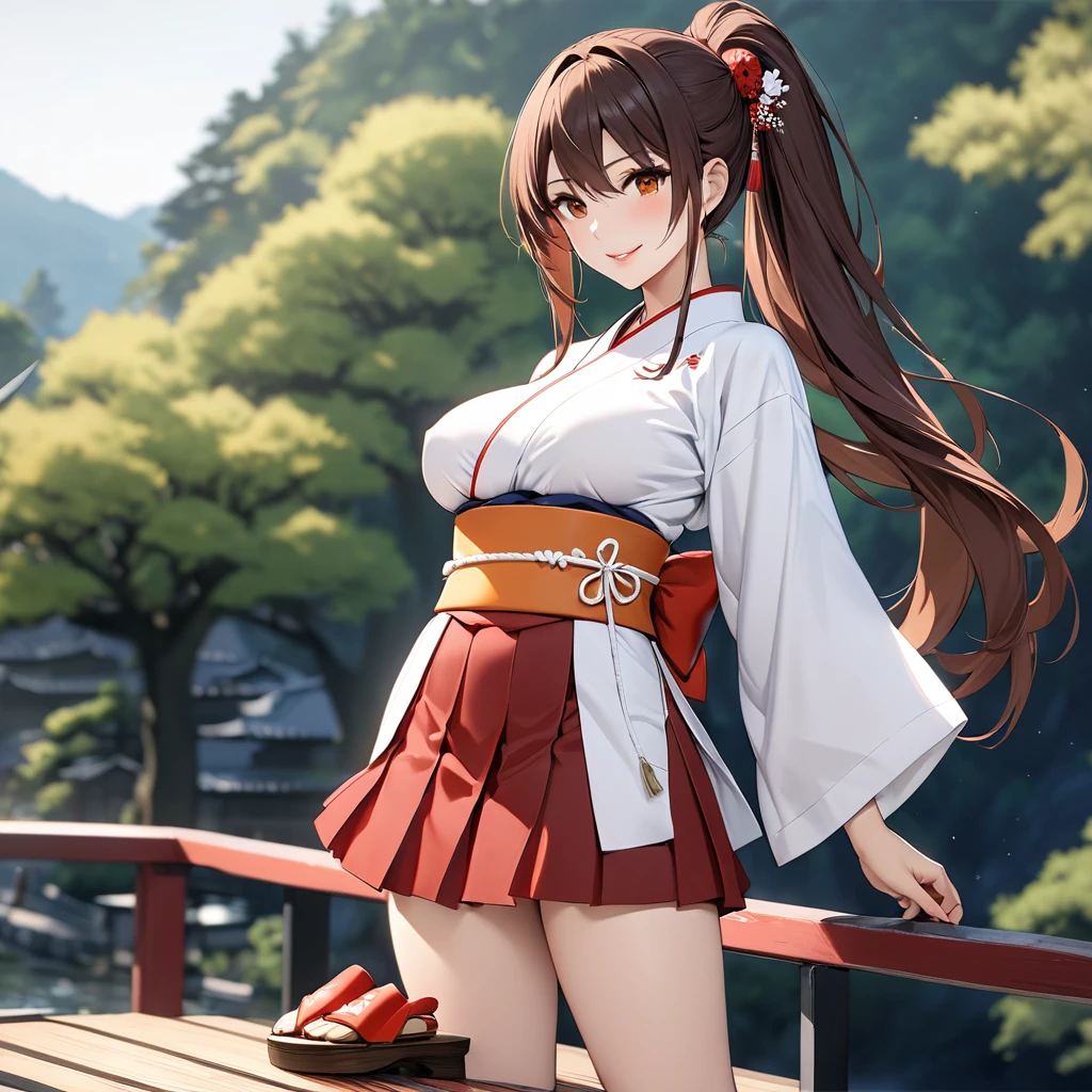 A woman wearing a long white kimono , long-sleeved kimono, red skirt, long brown socks, Japanese wooden shoes, large breasts, exposed breasts, brown hair, long hair, ponytail hair, orange eyes, smiling, perfect face, perfect eyes, perfect lips, standing, on a Japanese platform, trees in the background.(Azur_lane, IJN_Zuikaku). .UHD, masterpiece, accurate, anatomically correct, textured skin, super detail, high quality, best quality, 8k, high resolution, bokeh effect.(solo woman)