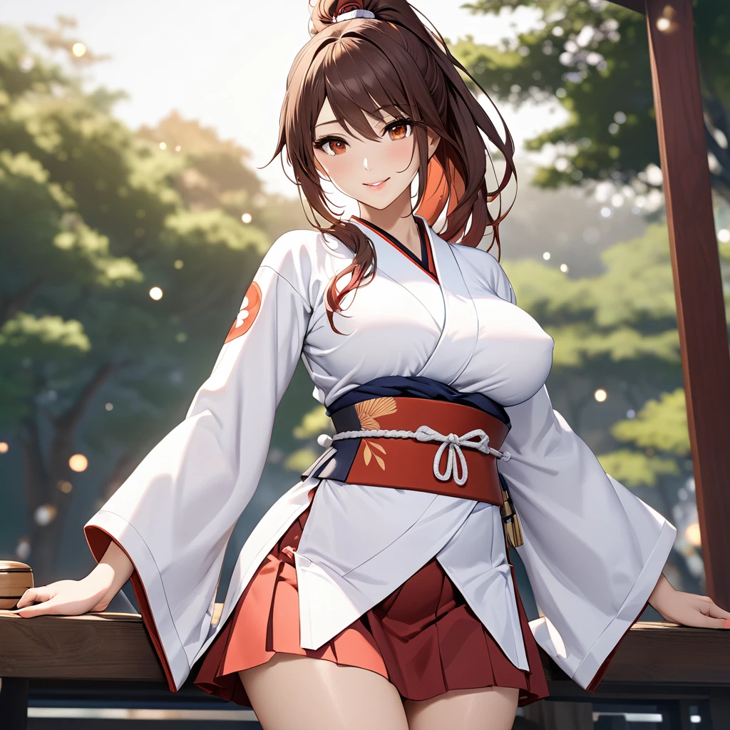 A woman wearing a long white kimono , long-sleeved kimono, red skirt, long brown socks, Japanese wooden shoes, large breasts, exposed breasts, brown hair, long hair, ponytail hair, orange eyes, smiling, perfect face, perfect eyes, perfect lips, standing, on a Japanese platform, trees in the background.(Azur_lane, IJN_Zuikaku). .UHD, masterpiece, accurate, anatomically correct, textured skin, super detail, high quality, best quality, 8k, high resolution, bokeh effect.(solo woman)
