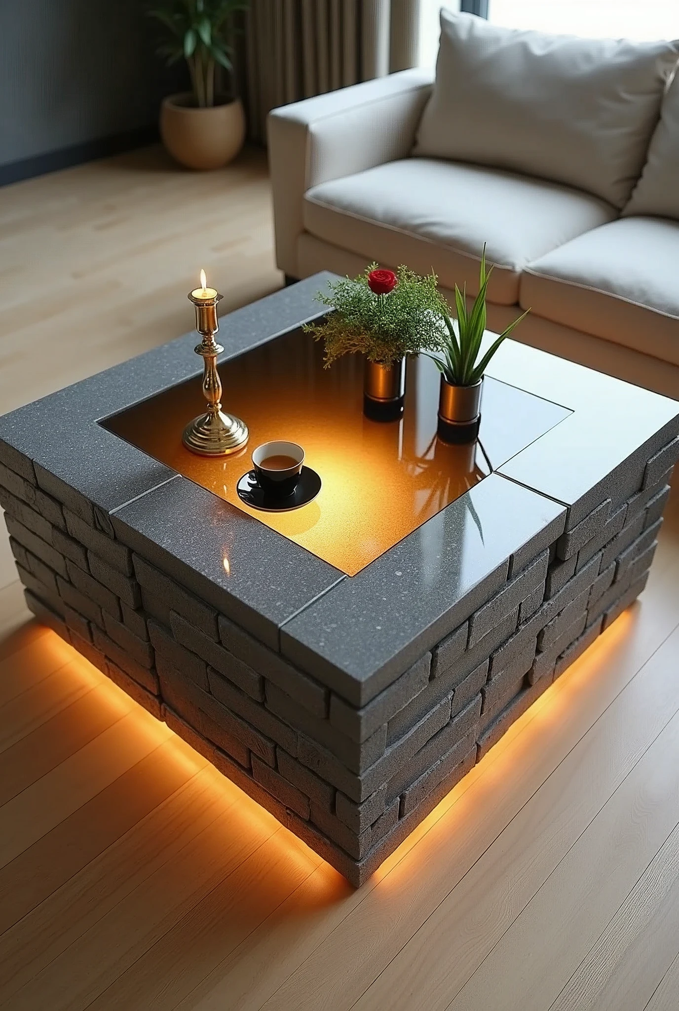 Small square coffee table handcrafted, featuring a reflective glass top that creates a stunning visual effect resembling an endless tunnel, lit from the inside with warm white LED lighting. The sides are covered with a material that simulates the appearance of grey bricks with a three-dimensional texture.. The table is decorated with simple decorations such as small plants, a golden candlestick containing a red rose, and a coffee cup.. The table is placed on a light-colored wooden floor.. The table design combines simplicity and elegance with a touch of modernity, making it a distinctive piece of art in any room.