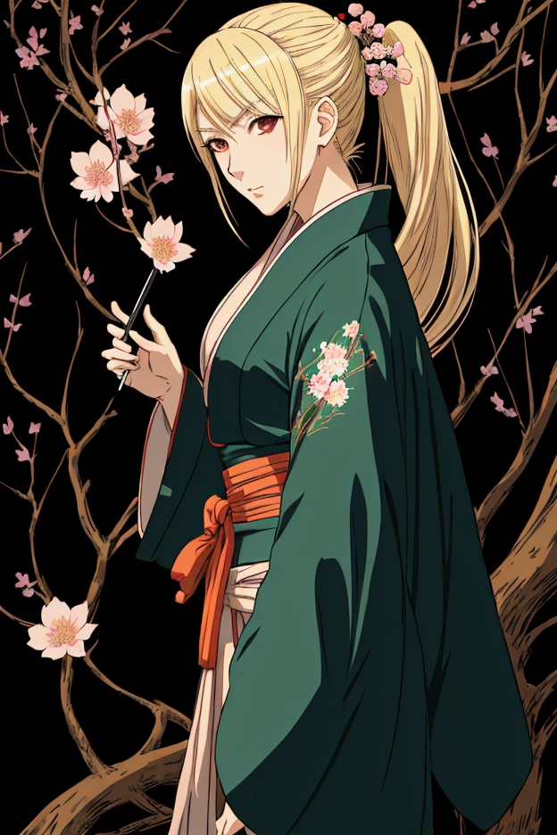 blonde woman in green kimono smoking a cigarette, Japan, feudal Japan, medieval Japan, japanese, kimono, armour, Samurai, geisha, detailed kimono, sakura, ninja, detailed anime character art, digital art from danganronpa, king hiroe branch of the black lagoon, kimono girl, anime character art, anime character, blonde anime girl with long hair, female anime character, kimono girl, style of hajime isayama, wise ( assessing ), dolorida, sick, garota sick, rosto fungus, fungus, prague, illness, Spores.