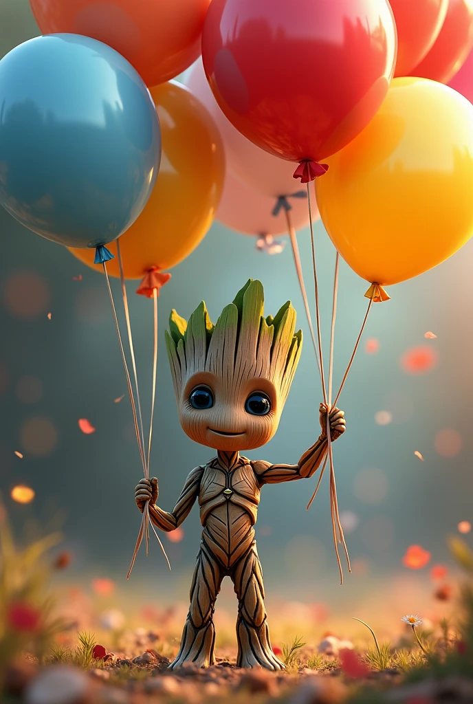 Baby Groot from Guardians of the Galaxy holding birthday balloons