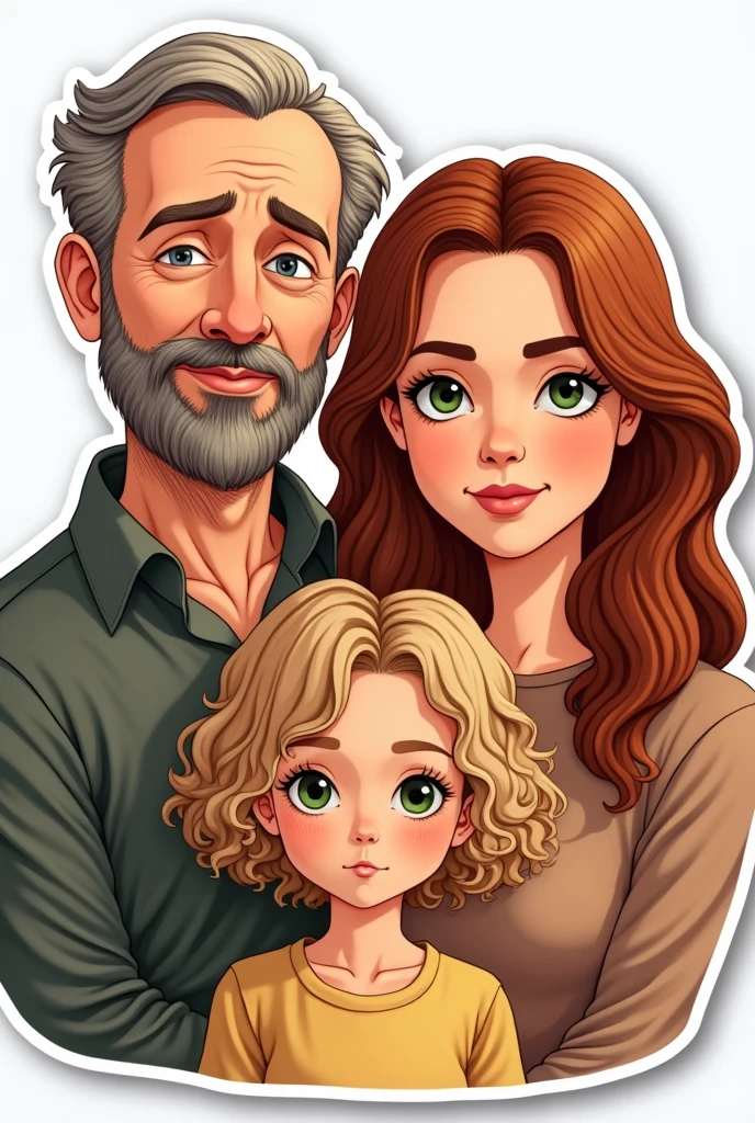 A family, A white man, Cao Cao, almost bald, brown beard, greeneyes, next to a white woman de greeneyes com o cabelo castanho-acobreado, straight and without bangs parted in the middle, next to a white woman, greeneyes, curly and blonde hair, illustration style, sticker
