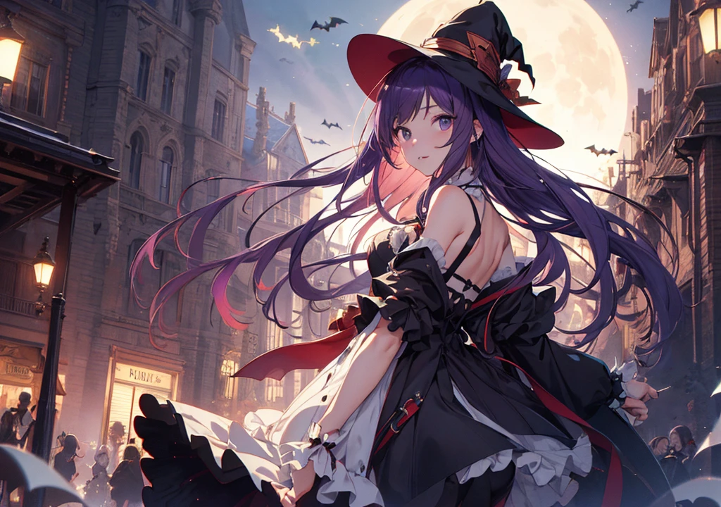 Realistic photos, Focus distance 10mm, Red and white, Beautiful girl, Realistic photos, Shooting at focus distance 10mm, masterpiece, 最high quality, high quality, Very detailed CG 8k wallpaper unit, Award-winning photography, Depth of written boundary, High resolution, bloom, chromatic aberration, Realistic, Very detailed, Art Station Trends, CGsociety Trends, Complex, High detail, dramatic, Art on the go, volumetric lighting, A girl with Disney-esque purple hair wearing a witch's hat stands in front of a spooky castle under a Halloween moon. Bats fly around in the background and a mysterious light shines through the castle's windows