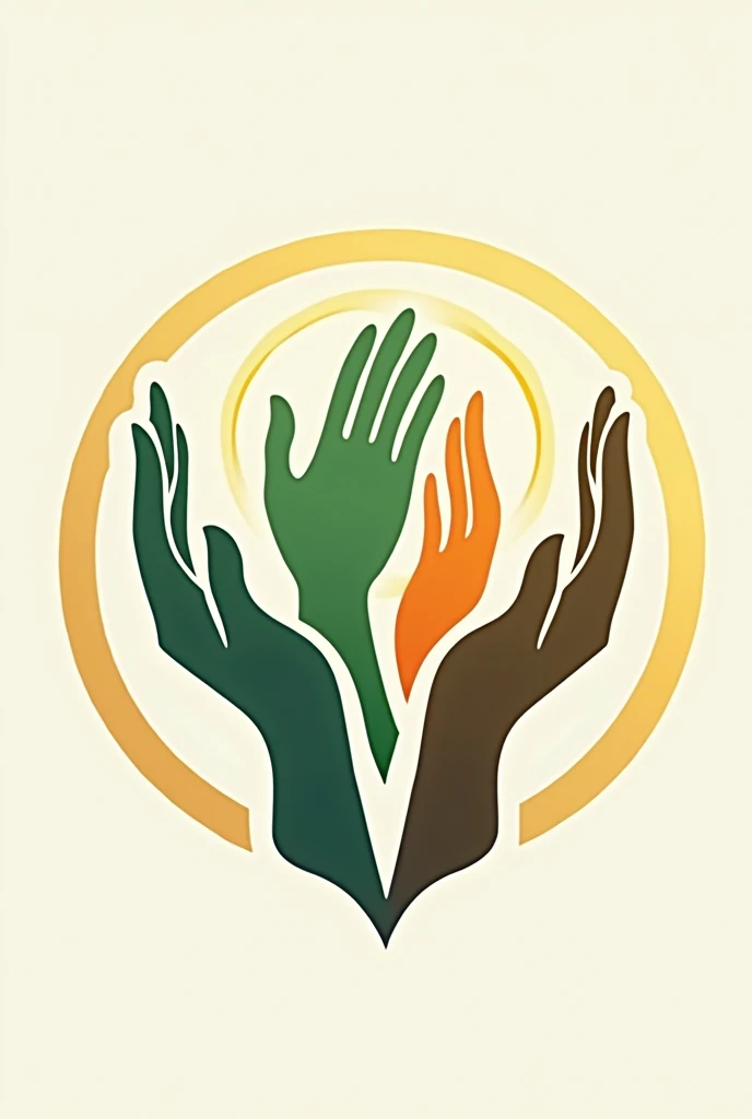 Create a three-handed logo, a heavenly hand, One green hand and one orange hand holding each other by the wrist, the three hands surrounded by 2 circles, one small and one a little bigger that surrounds them completely