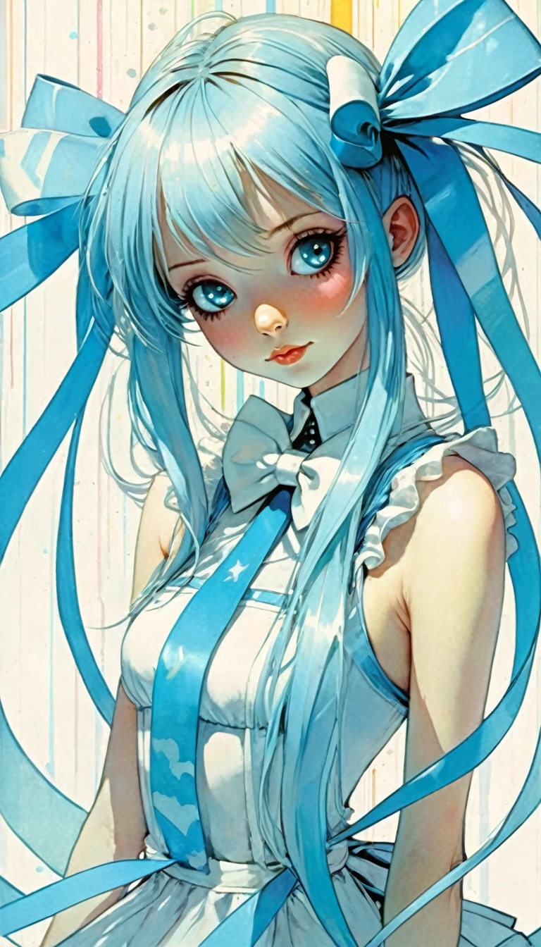 Image resolution 1024px Alice ribbon light blue white, light line, image resolution 1024px, Kawaii, cute, long hair, pretty, anime, sexy, pastel, neon, art inspired by Bill Sienkiewicz and Dave Mckean
