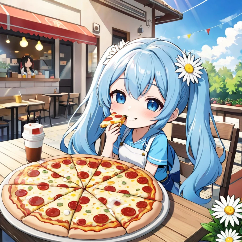 Light blue long hair、Cute chibi character with twin tails、Eating a big pizza、A delicious smile、Cheese on the cheek、A bright cafe with lots of sunlight、A lot of white daisies are displayed