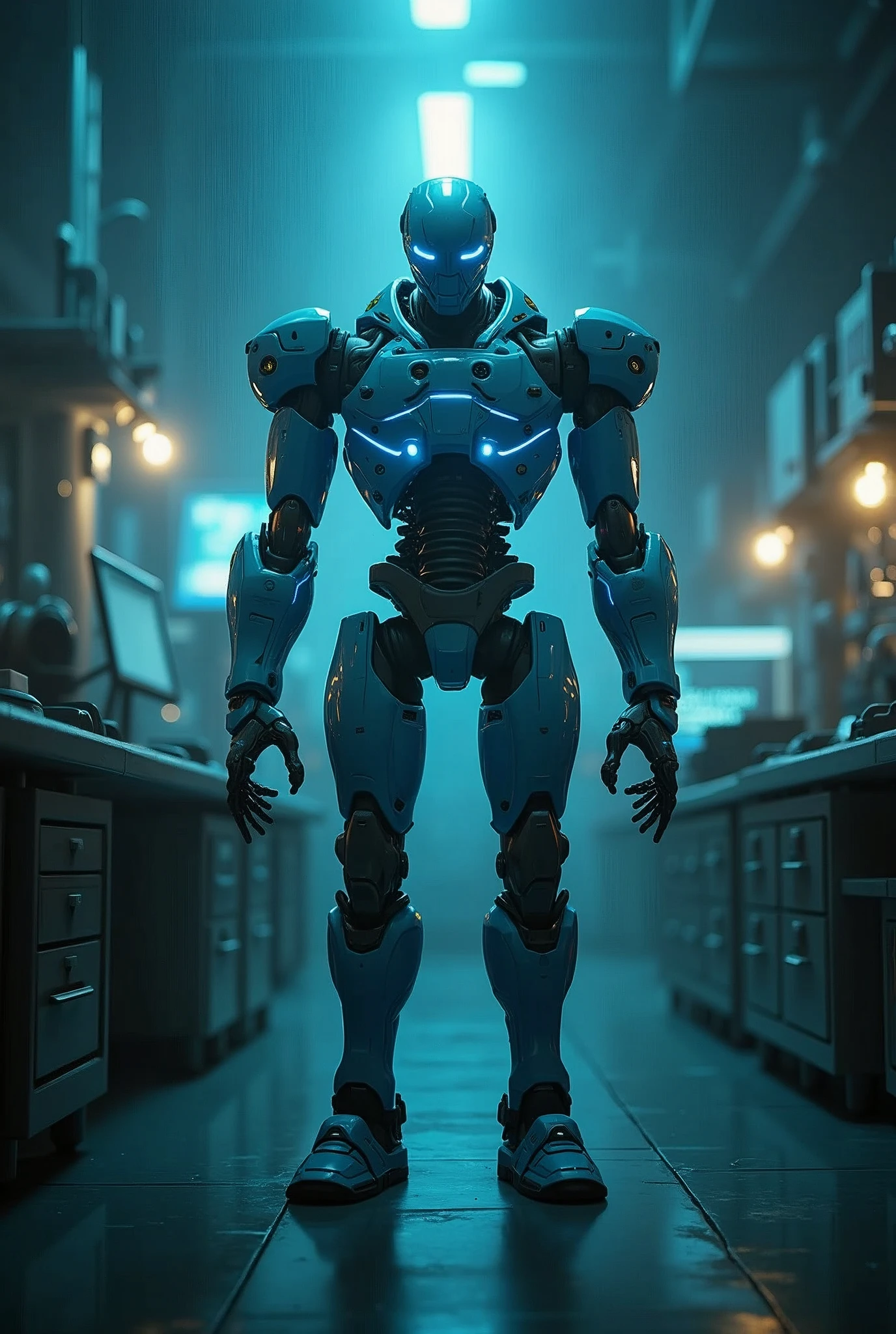 In a dimly lit, indoor laboratory, a solo robot, with glowing blue circuits and metallic limbs, stands imposingly amidst a blur of scientific equipment. Shadowy silhouettes of machinery and consoles surround it, as bright lights cast an otherworldly glow. The mecha's non-humanoid design exudes industrial strength, its presence commanding attention in this futuristic setting.
