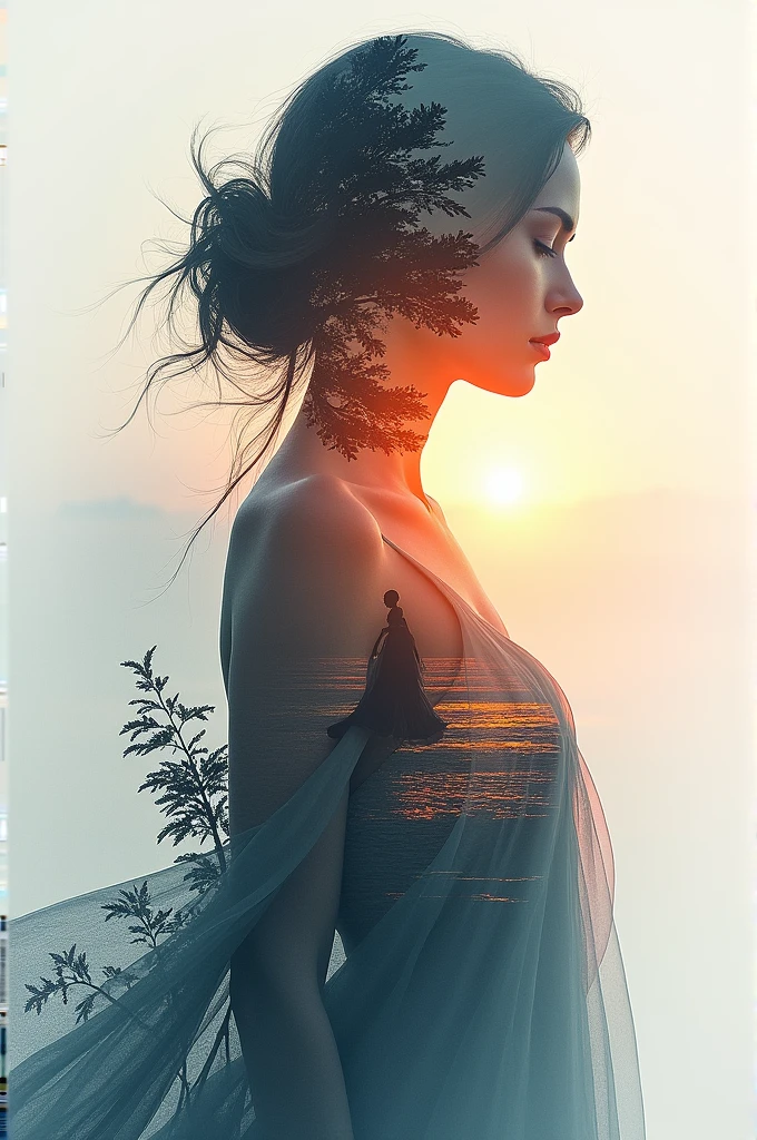 high quality, 8K Ultra HD, A beautiful double exposure that combines an goddess silhouette with sunset coast, sunset coast should serve as the underlying backdrop, with its details incorporated into the goddess , crisp lines, The background is monochrome, sharp focus, double exposure, by yukisakura, awesome full color,