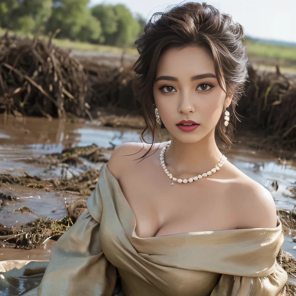 off shoulder dirty dress, open chest, deep cleavage, pearl necklace, puffy sleeves, Plunge Cowl Neck, 3 women, sinking in a mud swamp