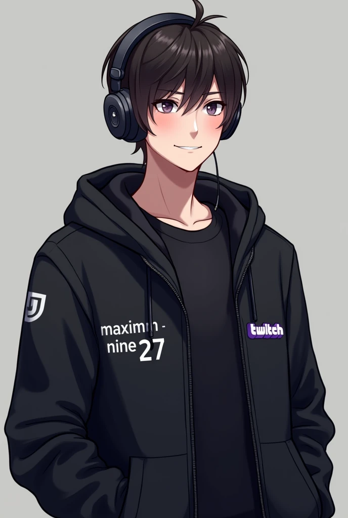 I want a guy with a black jacket and headphones who is all gamer with brown or dark hair in the middle of the jacket it should say maximuntnine27 with the twitch logo 