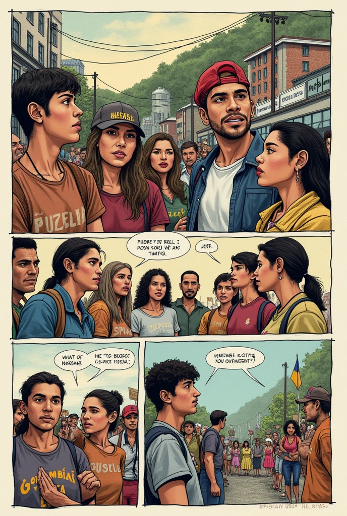 comic strip with cartoons about social struggle (student, worker, Peasant, feminist, union) in Colombia as made by me with pencil and colors