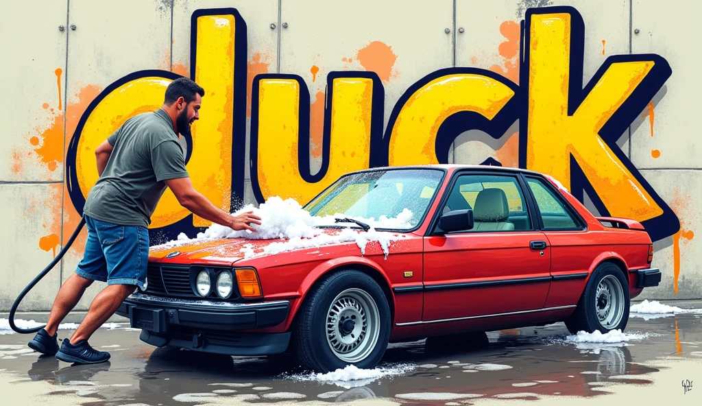 A graffiti style drawing of a man washing a car with and written on the wall: duck