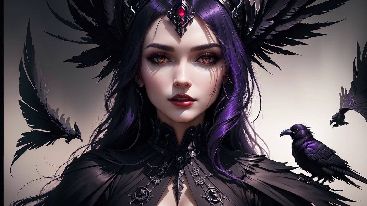 sci-fi, there is a woman with a crown of feathers and a raven, gothic maiden of the dark, goddess of the underworld, queen of the underworld, dancer of the underworld, seductive cyberpunk dark fantasy, raven, the order of the burning shadow, stunning fantasy horror, cover art, in style of dark fantasy art, fantasy dark art, gothic fantasy art, raven winged female vampire