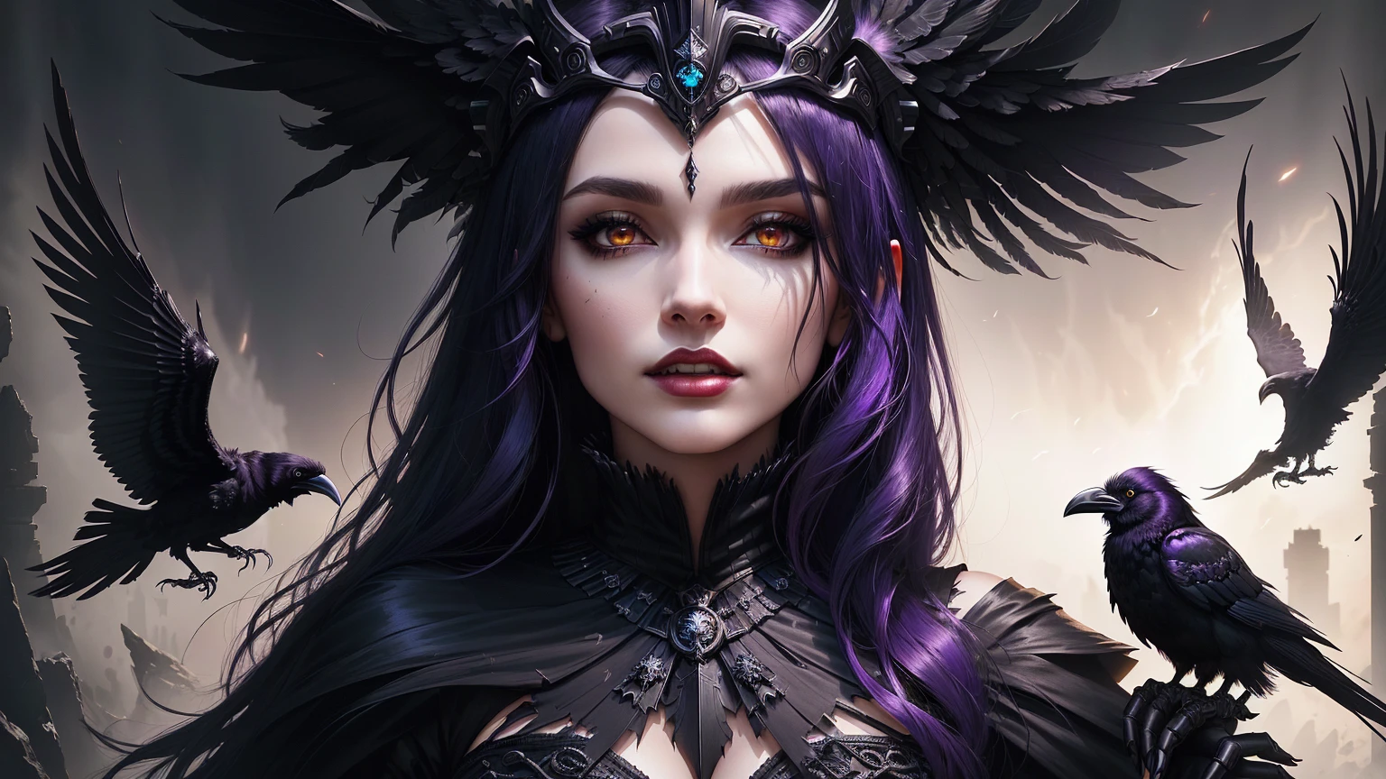 sci-fi, there is a woman with a crown of feathers and a raven, gothic maiden of the dark, goddess of the underworld, queen of the underworld, dancer of the underworld, seductive cyberpunk dark fantasy, raven, the order of the burning shadow, stunning fantasy horror, cover art, in style of dark fantasy art, fantasy dark art, gothic fantasy art, raven winged female vampire