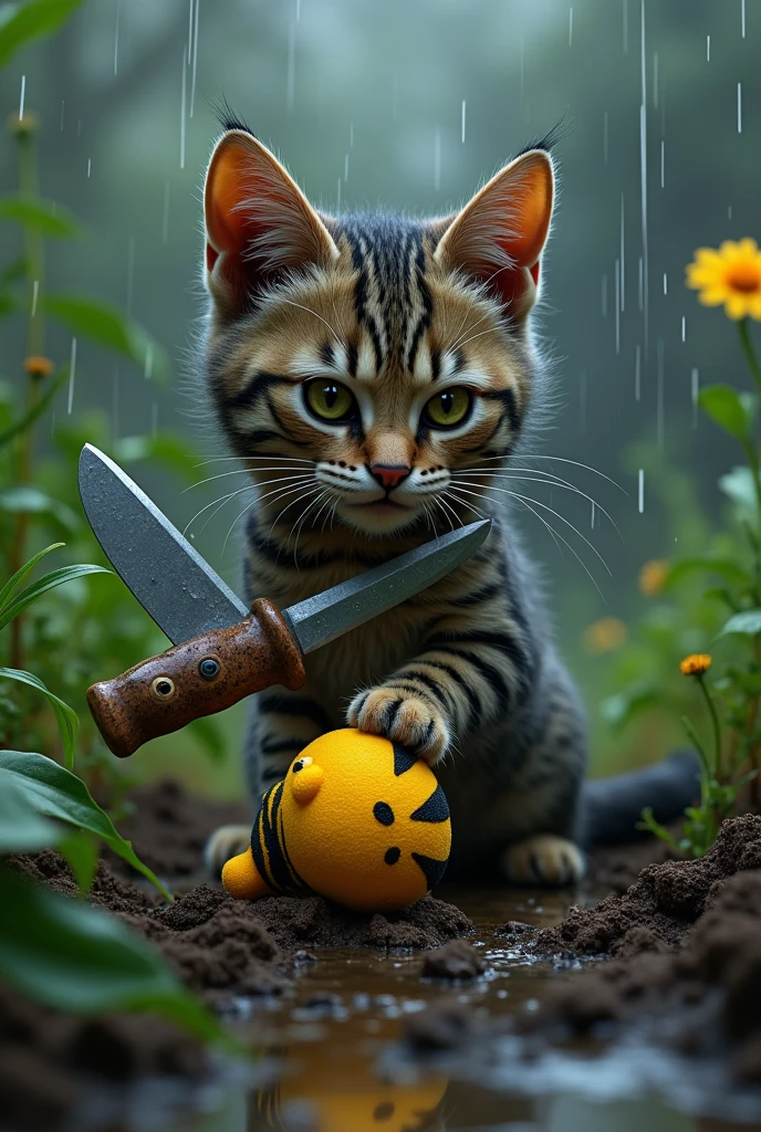Create a cat with a knife on a rainy day by burying a yellow stuffed animal with black stripes