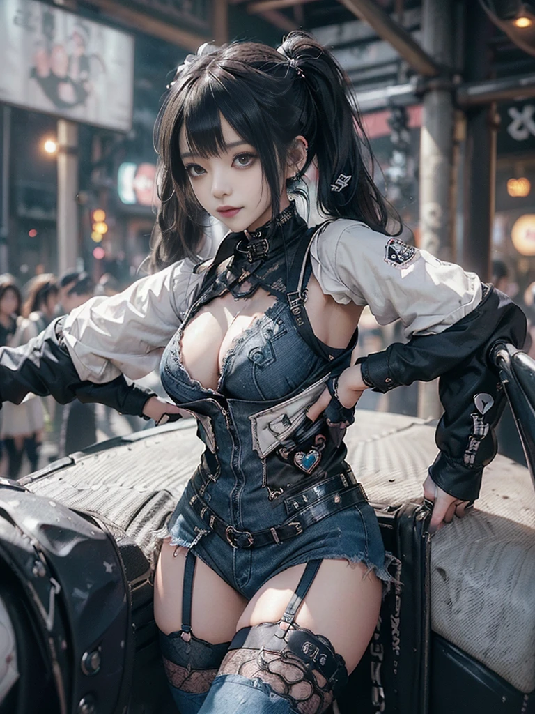 (Full Body View:1.2)、(Side view:1.1)、(Smiling with teeth showing:1.3),(Shibuya Gal:1.5)、(Beautiful:1.4)、(Goth Fashion:1.5)、(Punk RockVisual Kei:1.3)、(Futuristic baby doll in black, white and denim:1.5)、(A delicate jacket in denim, beige and navy:1.5)、(Denim garter belt:1.5)、(Denim and black and white bodysuit:1.4)、(Heart-shaped silver accessories:1.5)、(Brown Skin Belt:1.4)、(Blue High Heels:1.4)、(Lace patterned underwear:1.4)、20-year-old、NSFW,((Highest quality、In 8K、masterpiece:1.3))、Sharp focus:1.2、(Layered Cut、Beautiful boobs:1.1),Beautiful woman with perfect figure:1.4、(Doing an aerobics pose:1.3)、Slender Abs:1.2、Butt、Highly detailed face and skin texture、Detailed eyes、double eyelid,(Twin tails:1.3)、(Black brown hair:1.3)、Obscene、Gravure idol、(Luxurious amusement park at night:1.3)、(Make your legs thinner:1.4)、(Thin thighs:1.4)、(Slim Body:1.3)、(clavicle:1.1)