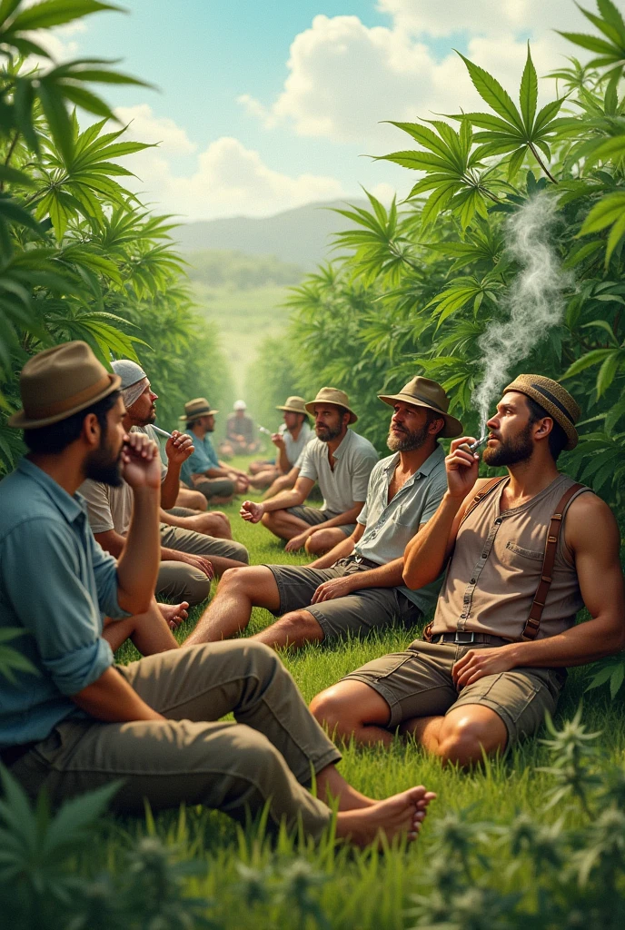 A group of farmers, They rest next to their marijuana crop while others sleep and others smoke. (the photo shot is a little higher