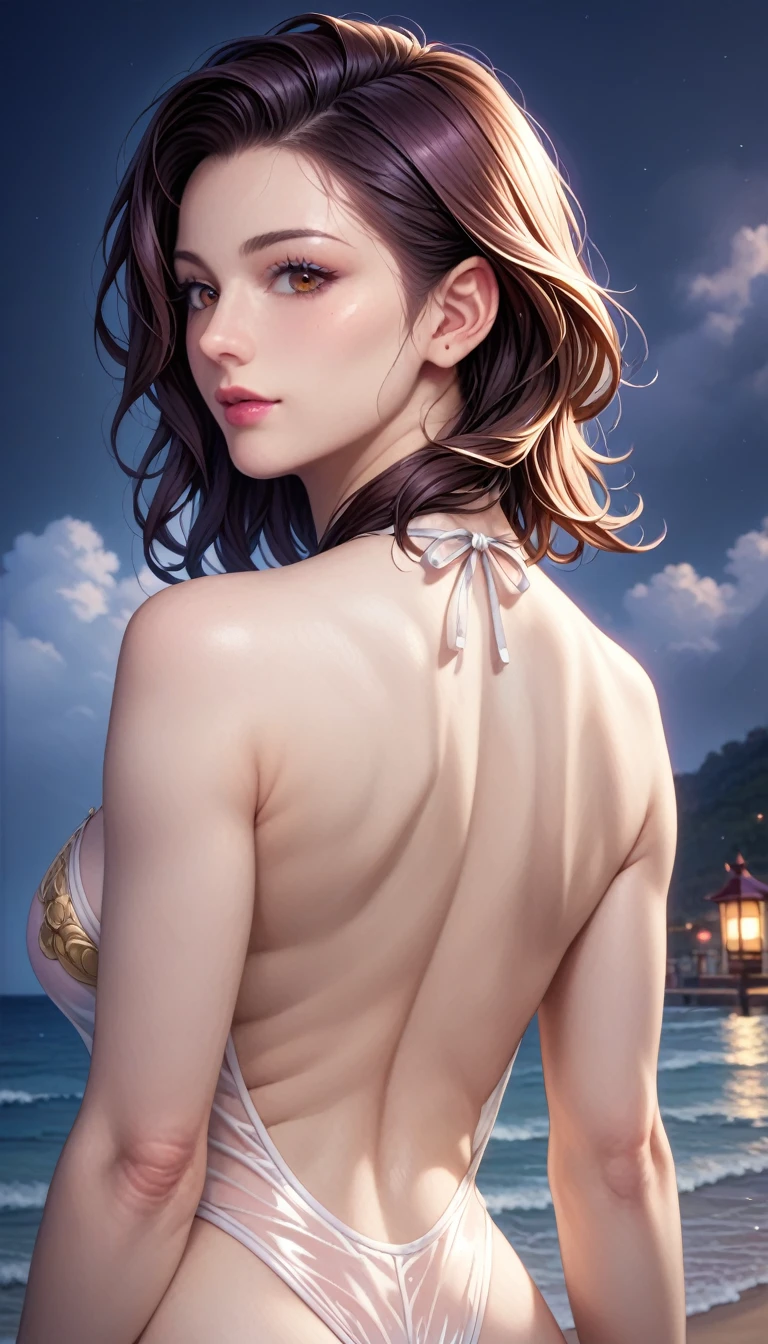 score_9, score_8_superior, score_7_superior, High resolution 3D anime style,A masterpiece in 32K resolution,Highest quality,it is really amazing,Very detailed,Ultra-high resolution,Ultra-realistic,Realistic,Increased depth of field,Cinematic lighting,
(Sexy mature Japan woman:1.2),
(black straight medium hair:1.1),(Ultra-detailed and beautiful face:1.1),(Calm and gentle look:1.1),Beautiful brown eyes,Translucent white skin,Realistic skin texture,Great proportions,
Elegant swimwear,
Summery design,Chic color scheme,Beautiful and delicate decoration,Detailed fabric texture,
(Dark overcast sky on a dull night:1.1),(Dark clouds filling the sky:1),(Thundercloud:1),Coastline at night,Stormy seas,(delay々A desolate sandy beach that continues:1),
dramatic,(Beautiful back view:1.2),