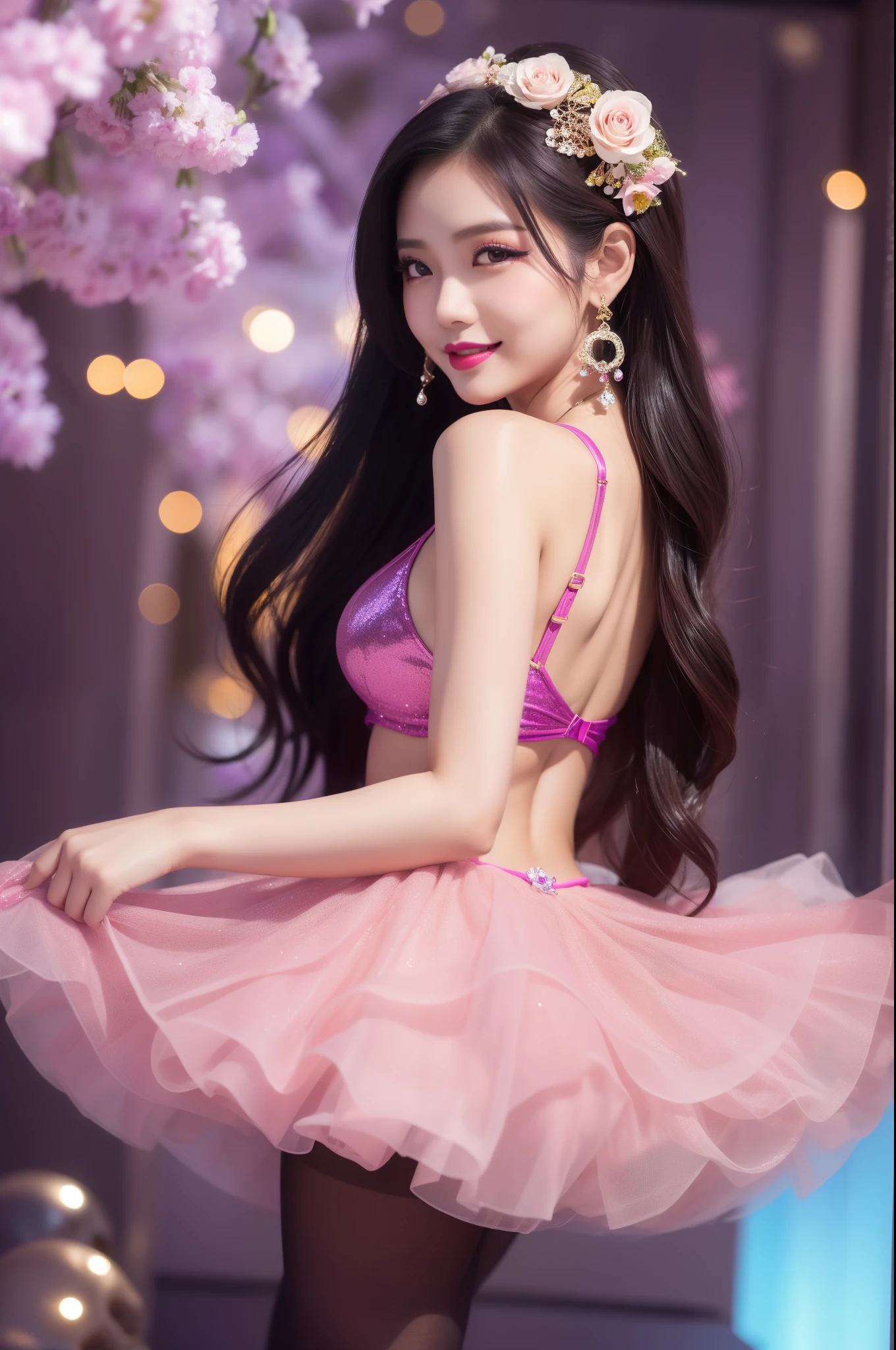 sexy Thai model who controls poison、beautiful smile、lipgloss、bold lipstick、intense makeup、look at the camera、full body Esbian、、sparkling poisoned flower costume、、、、sparkling Colorful hair、secrete poison、skull hair accessories、sexy tights、shiny sparkling flowers background