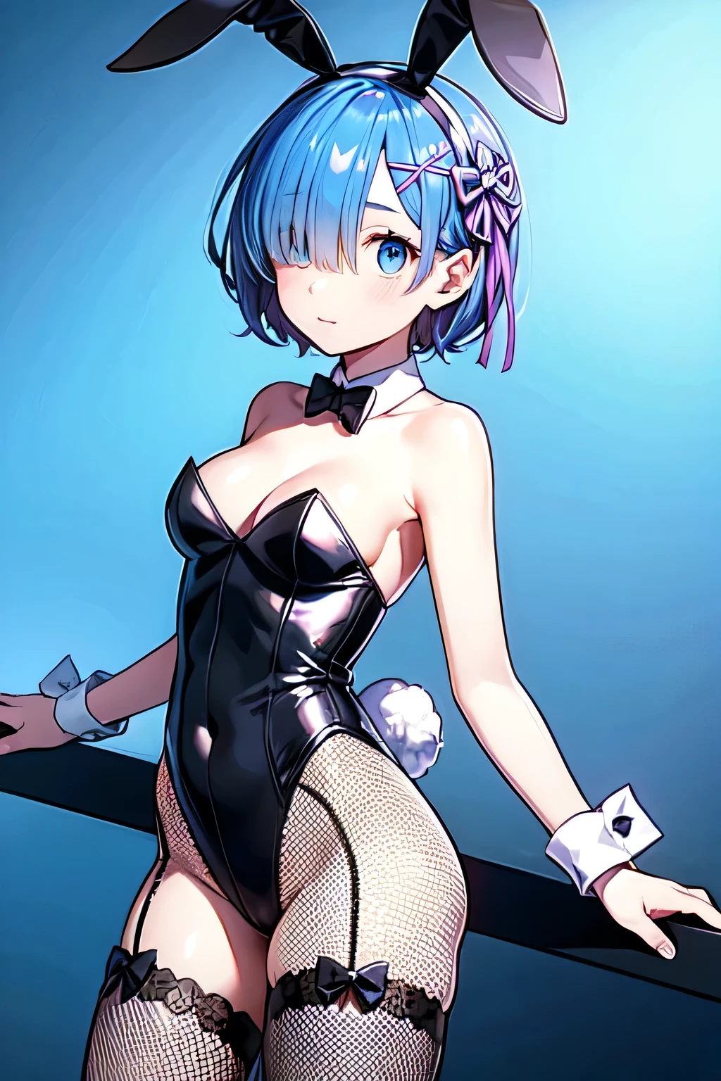short hair, x Hair accessories, Hair Ribbon,Hair on one eye,Playboy Bunny Girl, High cut leotard, A bow tie, cuffs, Wearing fishnet stockings, Black rabbit ears, Bunny's Tail,very cute and beautiful girl,(Very detailed美しい顔)(smile), blush,Sitting on a wooden gym training mat,(Spread your legs:1.12),Cowboy Shot,((Bob Hair:1.2)),View your viewers, (Highest quality,masterpiece:1.0),Absurd,High resolution,(Sweaty:1.5),Very detailed,Very detailed,32K,8k resolution, Intricate details,Movie Scenes,Detailed Background,alone,Dynamic Angle, Realistic,(Pussy juice:1.5),(Shiny skin:1.5),(gigantic breasts:1.9) ,(During pregnancy:1.3),(large areolae:1.9),(Big belly:1.3),(curvy:1.4),(arms up:1.4)