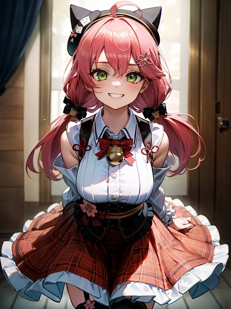 (masterpiece:1.3), (absurdres:1.3), (best quality:1.3), (ultra-detailed:1.3),(best shadow:0.7), (handled hair), (sharp eyeliner, eyeshadow, detailed eyes:1.1), perfect anatomy, BREAK 1girl, solo, miko2, sakura miko, large breasts, grin, green eyes, long hair, ahoge, black headwear, hair ornament, white shirt, black thighhighs, pink hair, red skirt, plaid skirt, garter straps, collared shirt, hairclip, frills, bangs, hair between eyes, animal hat, frilled skirt, beret, pleated skirt, hair flower, low twintails, neck bell, cat hat, medium breasts, puffy long sleeves, black bow, underbust, leaning forward, upper body