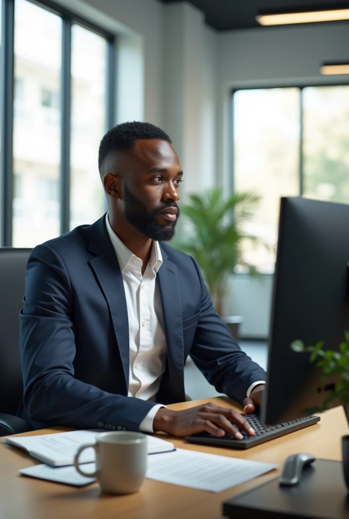 A black man using his in an office and he is on a page named Kelasi