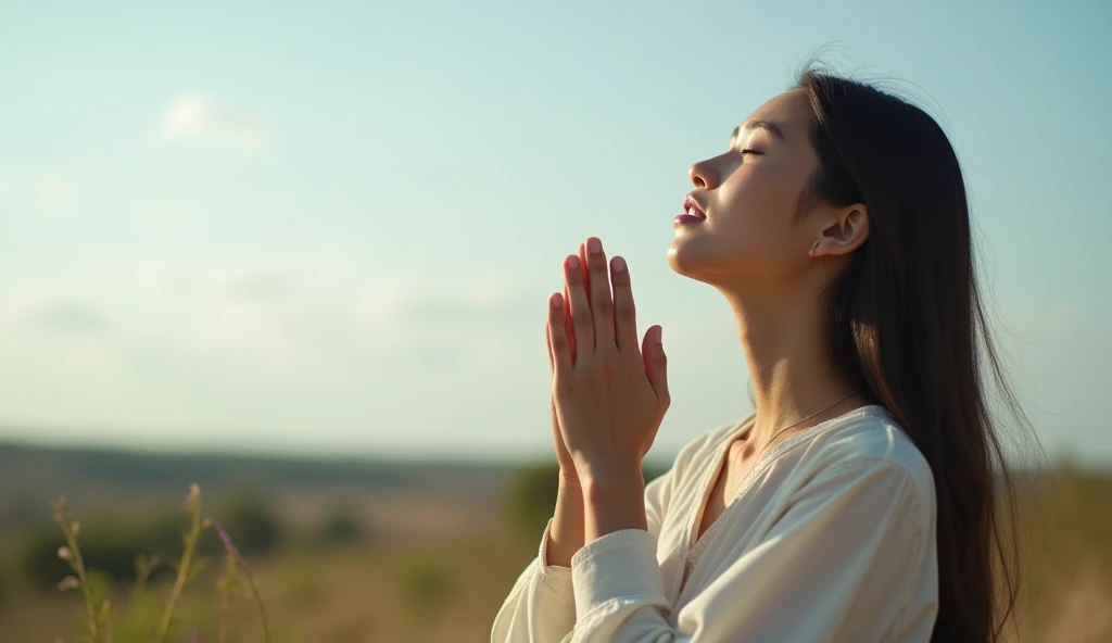 photograph of young woman praying to God with her hands extended to the sky