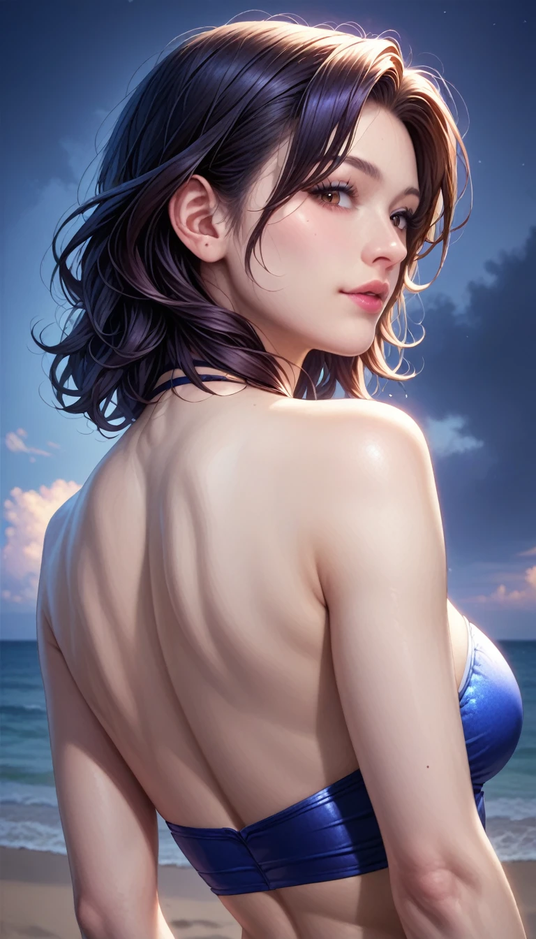 score_9, score_8_superior, score_7_superior, High resolution 3D anime style,A masterpiece in 32K resolution,Highest quality,it is really amazing,Very detailed,Ultra-high resolution,Ultra-realistic,Realistic,Increased depth of field,Cinematic lighting,
(Sexy mature Japan woman:1.2),
(black straight medium hair:1.1),(Ultra-detailed and beautiful face:1.1),(Calm and gentle look:1.1),Beautiful brown eyes,Translucent white skin,Realistic skin texture,Great proportions,
Elegant swimwear,
Summery design,Chic color scheme,Beautiful and delicate decoration,Detailed fabric texture,
(Dark overcast sky on a dull night:1.1),(Dark clouds filling the sky:1),(Thundercloud:1),Coastline at night,Stormy seas,(delay々A desolate sandy beach that continues:1),
dramatic,(Beautiful back view:1.2),