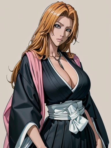 (masterpiece, Highest quality, Highest quality, beautifully、aesthetic: 1.2), Very detailed, most detailed, Grey Eyes, Orange Hair, Honey Hair, Long blonde hair, huge, black_Japanese_Clothes, In the same way, Cleavage, black_ Japanese_Clothes (black kimono, Jet Black kimono, Silver Chain, Pink Shawl, black Wide sleeves, White sash, black_ In the same way_skirt, black_In the same way, or), Matsumoto Rangiku, Graffiti art, huge Breasts, , smile, (Oily skin, Glowing Skin, Shiny skin, Professional Lighting), (Adult beautiful woman, Random Angle, Upper Body),
